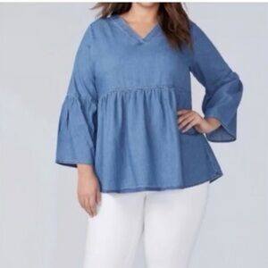 LANE BRYANT Denim V Neck Peplum Bell Sleeve Boho Peasant Blouse Blue Size 22/24